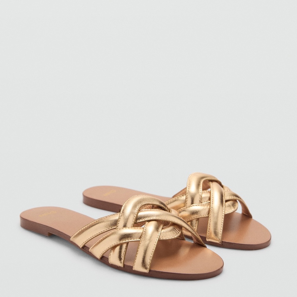 Mango Metallic Gold Leather Braided Slide Sandals Size Euro 37 US 6.5